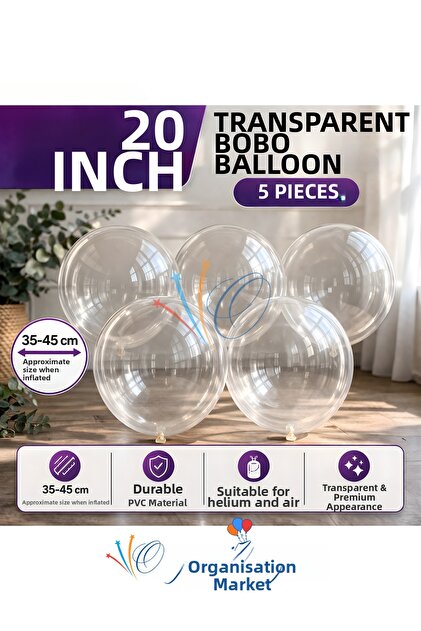 20 Inch Transparent Bobo Balloon 5 Pieces – Transparent Party Balloon Birthday, Organization, Decoration Balloon