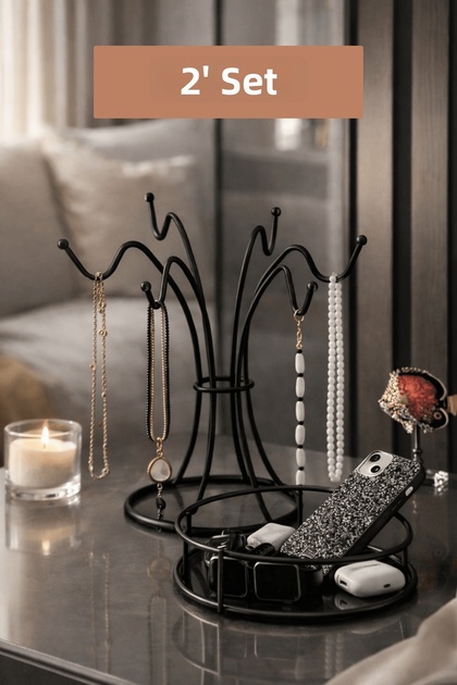 2-Pack Matte Black Cosmetic Organizer and Jewelry Stand Set with 6 Hooks, Desktop Perfume, Necklace, and Bracelet Organizer