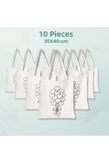 10 Pieces of Paintable Cloth Bags with Heart Balloon Design - Educational Hobby Painting Bag for Children