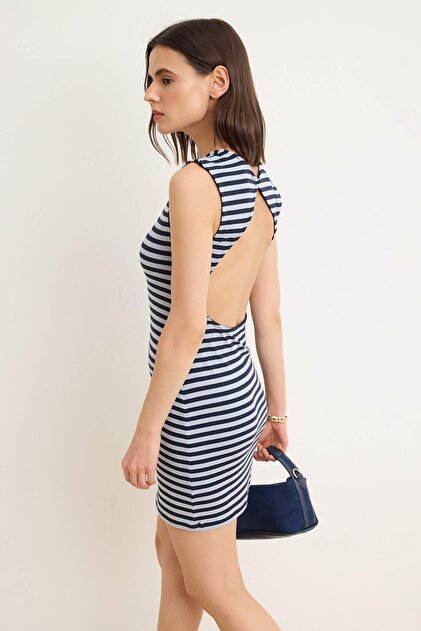 Trendyol Collection Multi-Colored Striped Bodycon Boat Neck Sleeveless  Shirred Midi Knitted Dress Twoss26El01036- Trendyol