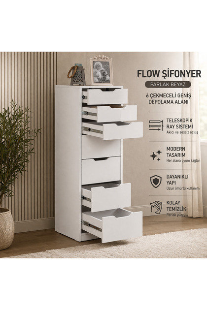 Flow Çekmeceli Şifonyer, Beyaz ,7 Çekmeceli