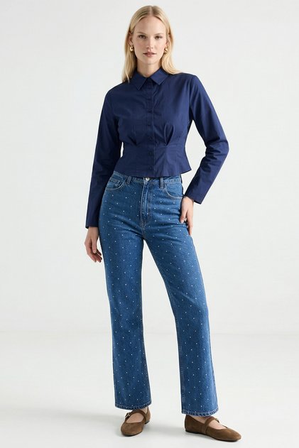 Taşlı Geniş Paça Yüksel Bel Regular Denim Pantolon