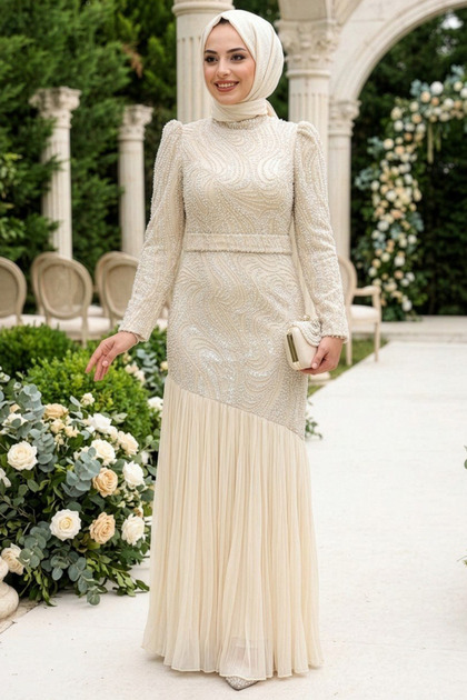 cream dress with hijab N.S NEVA STYLE Beaded Brown Hijab Evening Dress 51621Kh