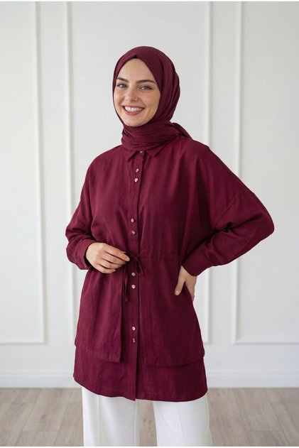 Saye Cape-Covered Waist Tunnel Shirt-Bn4659 Burgundy
