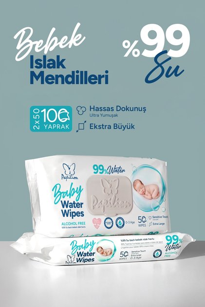 100 Yaprak Baby Water Wipes %99 Saf Su Bazlı Yeni Doğan Islak Mendil 2x50