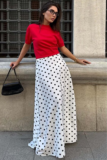 Madmext White Polka Dot Maxi Women's Satin Skirt Mg2725- Trendyol