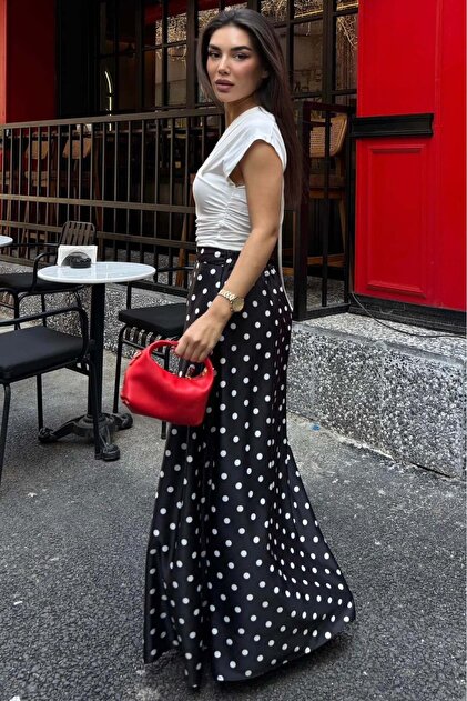 Madmext Black Polka Dot Maxi Women's Satin Skirt Mg2725- Trendyol