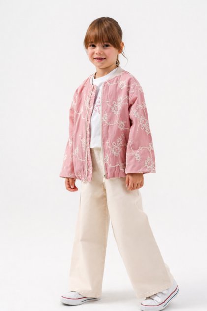 4-8 Years Old Girls Embroidered Pink Jacket T-Shirt Denim Trousers Set-6 Y