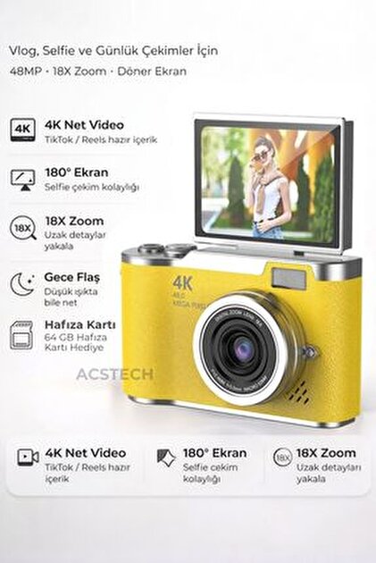 ACSTECH 4K Dijital Fotoğraf Makinesi 48MP Flip Ekran 18X Zoom