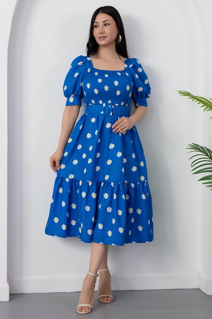 Printed Daisy Smocked Square Neck Dress 2023-2269