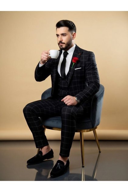 Erkek İtalyan Kesim Hakim Yaka Yelekli Takım Elbise - Slim Fit