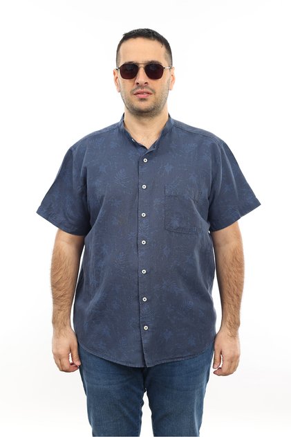 Men's Large Size Navy Color Leaf Patterned Linen Prevailing Collar Pocket Short Sleeve Shirt KK-8006-TSS