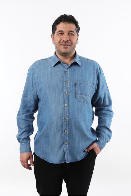 Plus Size Linen Effect Blue Denim Men's Shirt Btl-3027-Tss