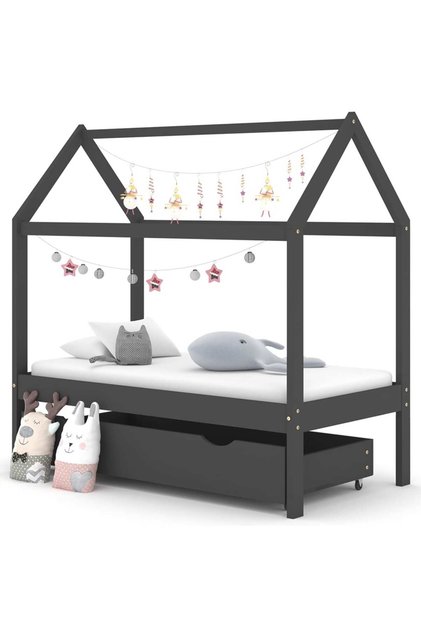 Cadru pat copii cu sertar gri închis 70x140 cm lemn masiv pin