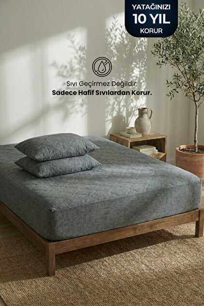 Yatak ve Yastık Alezi Seti Pamuklu Kapitone Fitted Full Kenar Yatak Koruyucu Gri