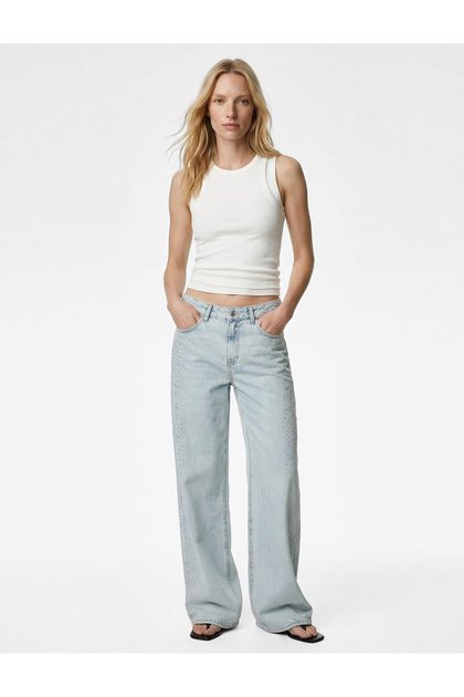 Cotton Buttoned Pocket Wide Leg Stoned Denim Trousers - Wide Leg Jeans