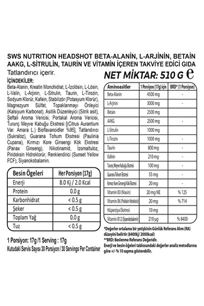 Swiss Nutrition PreWorkout Headshot Portakal Şeftali 510 gr 30