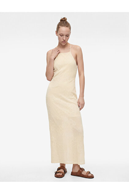 Crossed Straps, Floral Embroidery, Open Back, Pique Fabric Long Dress