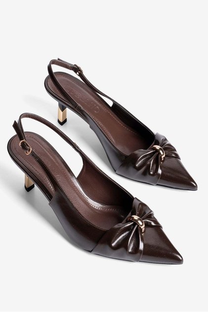 Women's Stiletto Pointed Toe Bow and Gold Ring Detailed Open Back Shoes Heeled Shoes Calyra Brown