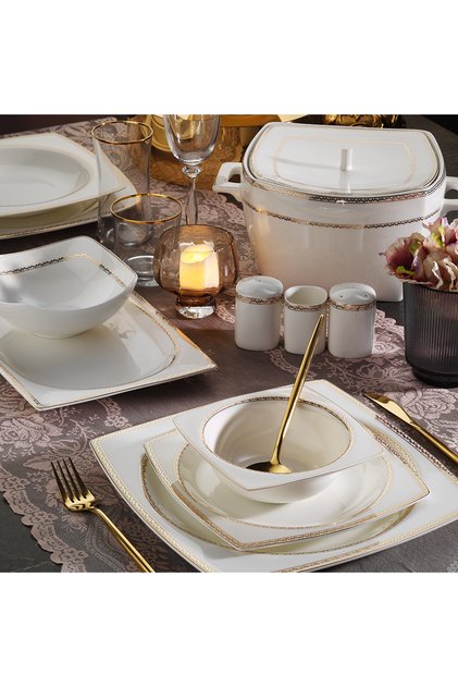 Bone Square Line Gold 60 Parça 12 Kişilik Yemek Takımı