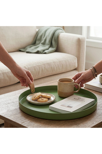 Tavă decorativă din metal – Organizator rotund pentru măsuța de cafea, tavă de servire modernă, verde, mâner din piele de 33 cm