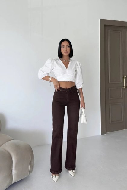 Women's High Waist Stitched Leg Relax Jeans Brown 7026-78