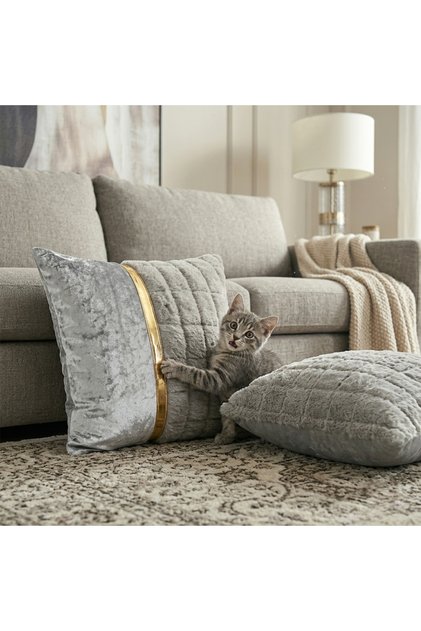 Set of 2 Luxury Diamond Quilted Rabbit Fur Throw Pillow Covers - Velvet Pillow with Gold Stripes 45X45