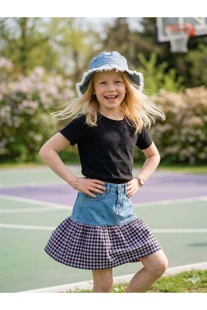 Girl's denim and woven fabric blend pleated skirt