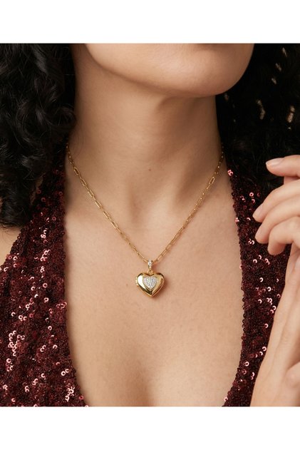 Kadın Parlak Taş Detaylı Kalpli Açılabilir Madalyon Gold Çelik Kolye