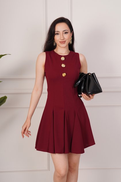 Gold Detailed Flared Cut Burgundy Dress
