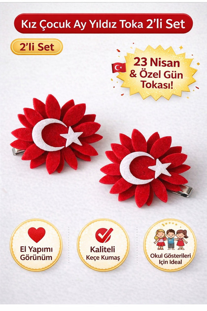 Kız Çocuk Ay Yıldız Toka 2’li Set | 23 Nisan & Özel Gün Tokası | Kırmızı Çiçek Saç Tokası