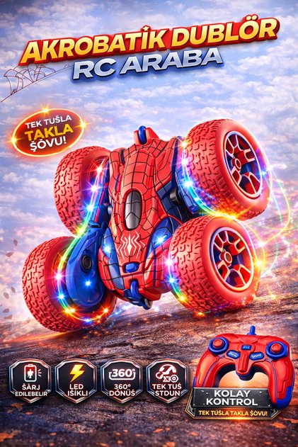 Uzaktan Kumandalı Şarjlı 360° Dönebilen Sesli Led Işıklı Örümcek Adam Akrobatik Stunt RC Araba