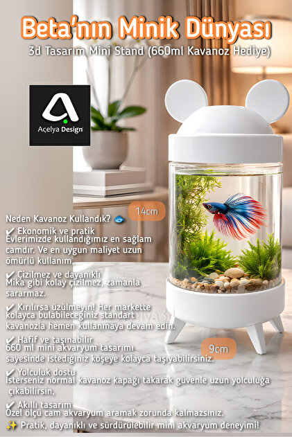 Beta Mini Cam Kavanoz Betta Fanus Mickey Mause Şık 3d Tasarım Beyaz Renk Cam Akvaryum