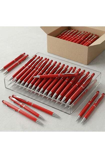 Promotional 1022 Metal Red Touchpen Pen (10 Pieces) – Ballpoint Pen with Laser Printed Logo