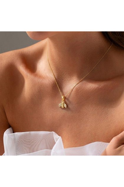 BENCH 925 Arı Kolye 925 Ayar Gümüş 14K Mikron Altın Kaplama Zirkon Taşlı Minimal Kolye