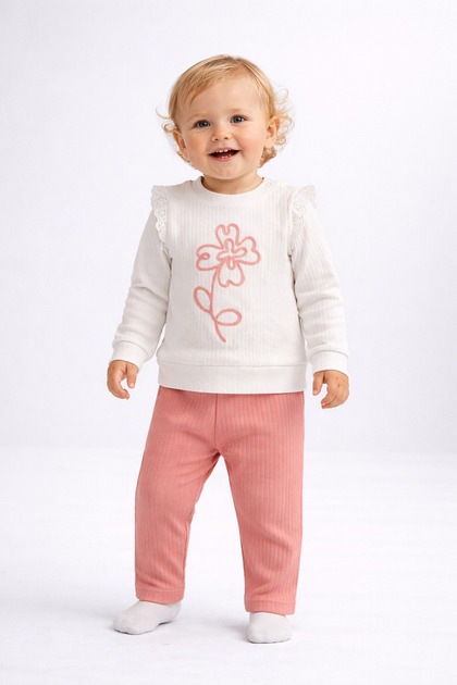 Baby girl top and bottom set, floral embroidered ribbed knit two-piece outfit, 2-thread, seasonal, 3-6-9-12 months