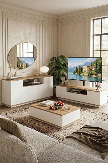Yurudesign Future Tv Ünitesi Orta Sehpa Konsol 3'lü Set Çam-beyaz