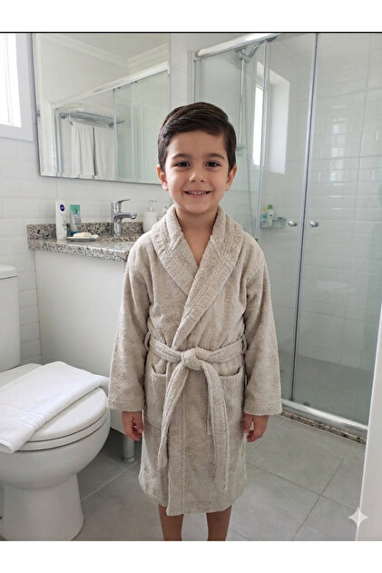 100% Cotton Velvet Children's Bathrobe Brown Uni Boys Girls 5 8 Years