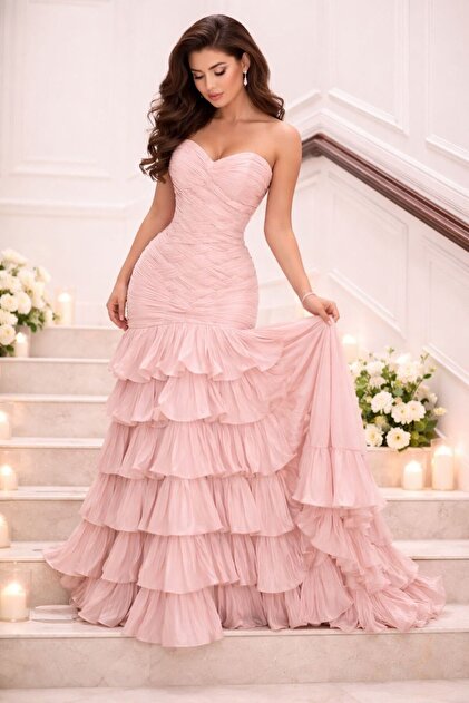DR "Rose Chiffon" Evening Dress with Ruffle Layers - Soft Pink- Trendyol