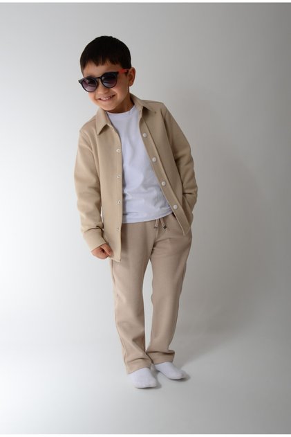 Boys' Beige Slim Fit Lycra Shirt + Bib + Jagger Bottom Set (100% Cotton)