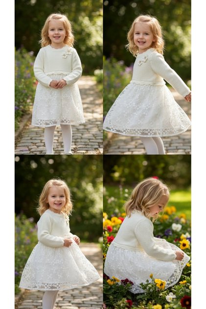 Lcw 1156066 Girl's Back Button Floral Woven Knitwear and Combined Tulle Dress 2-3-4-5-6-7-8 Years