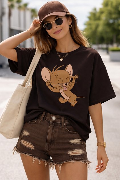 Cute Mouse Character Nanik Printed Unisex Oversize T-Shirt – Cotton Crew Neck Casual T-Shirt