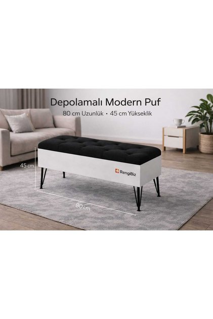 Depolamalı Modern Puf 80x40 cm | Kapitoneli Oturma Bankı, Sandıklı Bench, Metal Ayaklı Şık Tasarım