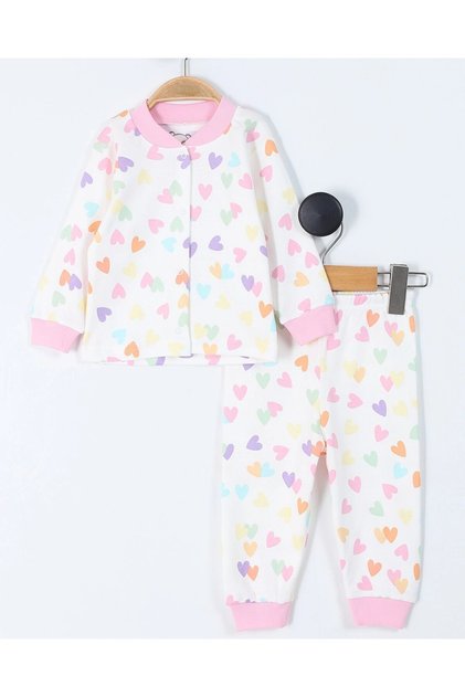 Girl's Heart Printed Snap Fastener Seasonal 100% Cotton Nightgown Top and Bottom Pajama Set