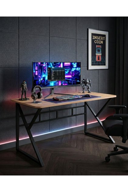 Oyuncu Masası Gaming Masa Bilgisayar Masası Metal ayaklı Çalışma, Ofis masası Çam-Siyah 120X60