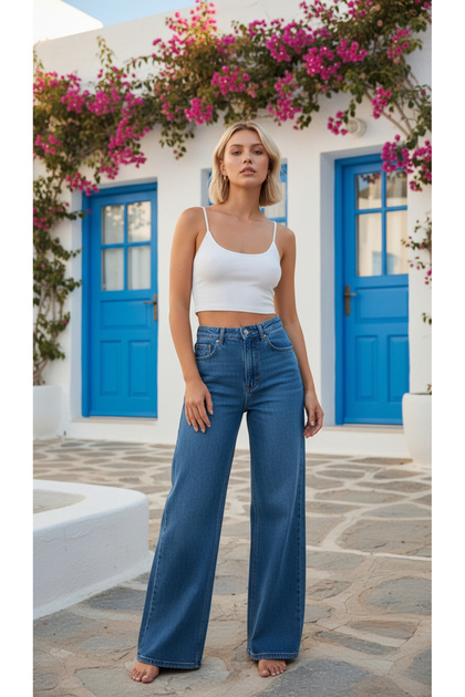 Palazzo Jeans 90's Medium Blue Lycra Super High Waist Wide Leg Loose Jeans Palazzo Trousers