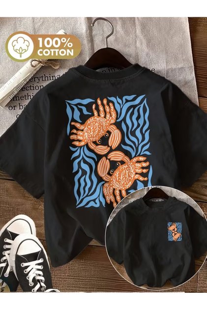 Unisex Crab Printed Oversize Crew Neck T-Shirt