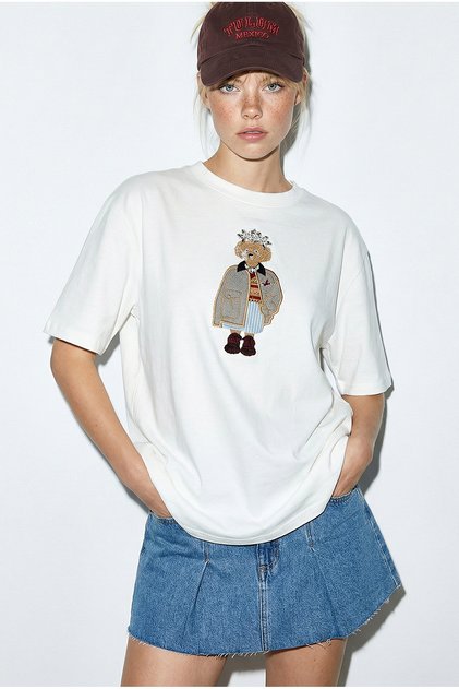 Women's White Dog Embroidered Stone Embroidered Relaxed Fit 100% Cotton T-Shirt 1077 60286067