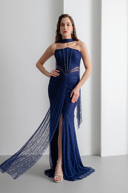 Lafaba Women's Navy Blue Strapless Slit Lace Detail Long Evening Dress-  Trendyol