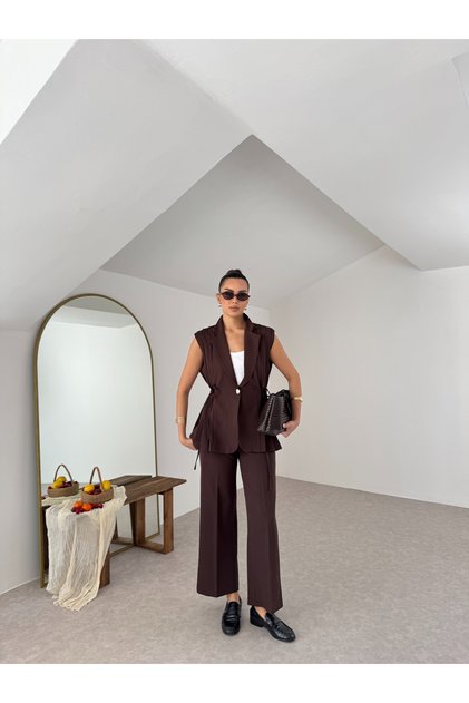 Women's Vest and Trousers Set with Pile Detail and Side Ties